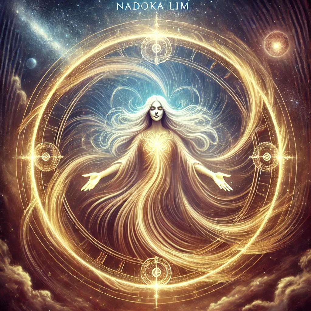Symbolbild für Nadoka Lims Beziehung zur Zeit: Es zeigt einen mystischen, leuchtenden Zeitkreis mit fließender goldener Energie, der die zyklische Natur der Zeit symbolisiert.
